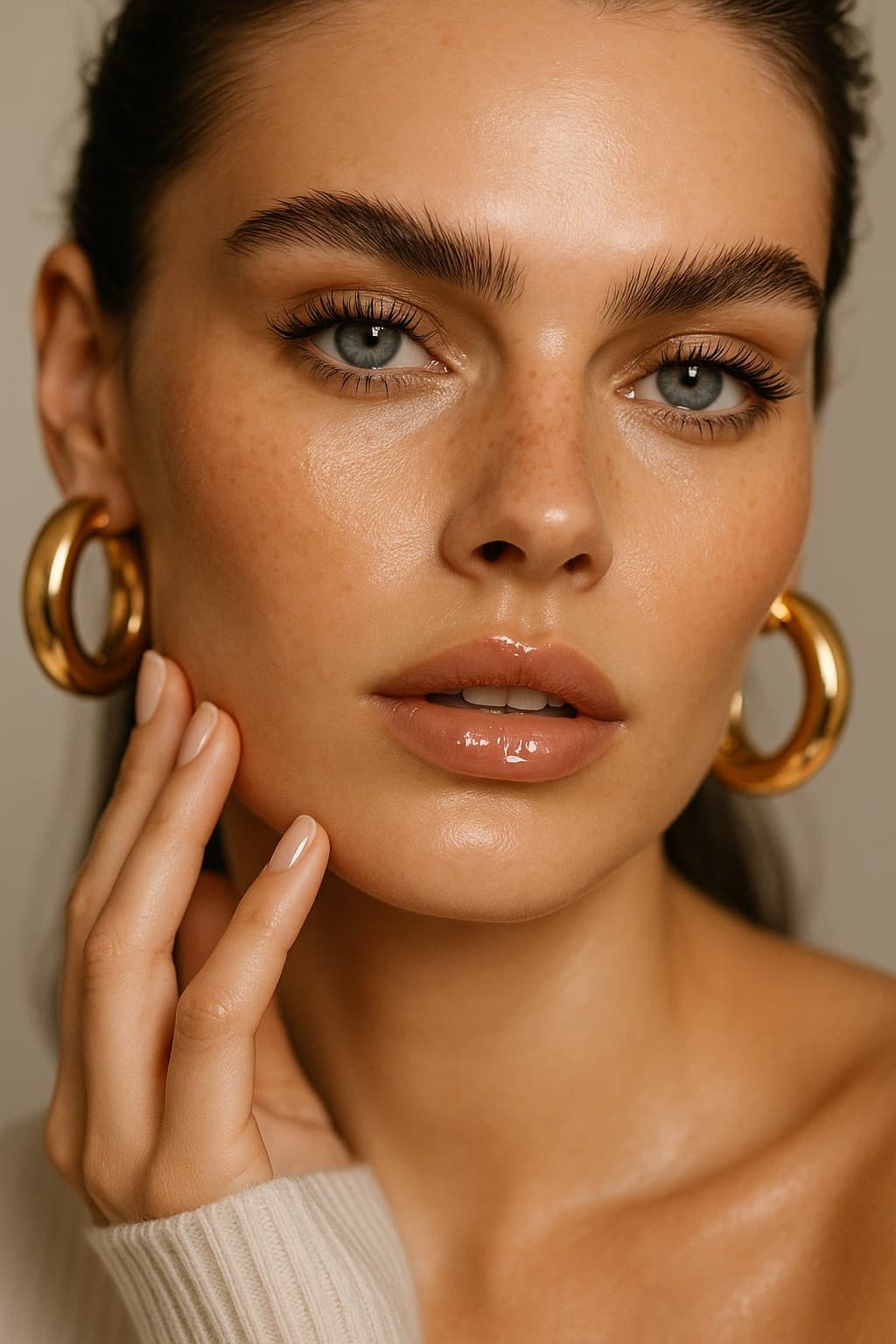 Professional makeup model with gold earrings